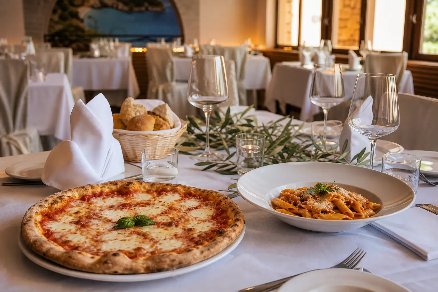 Pizza und Pasta auf einem gedeckten Festtisch im Seehaus Friedberg.