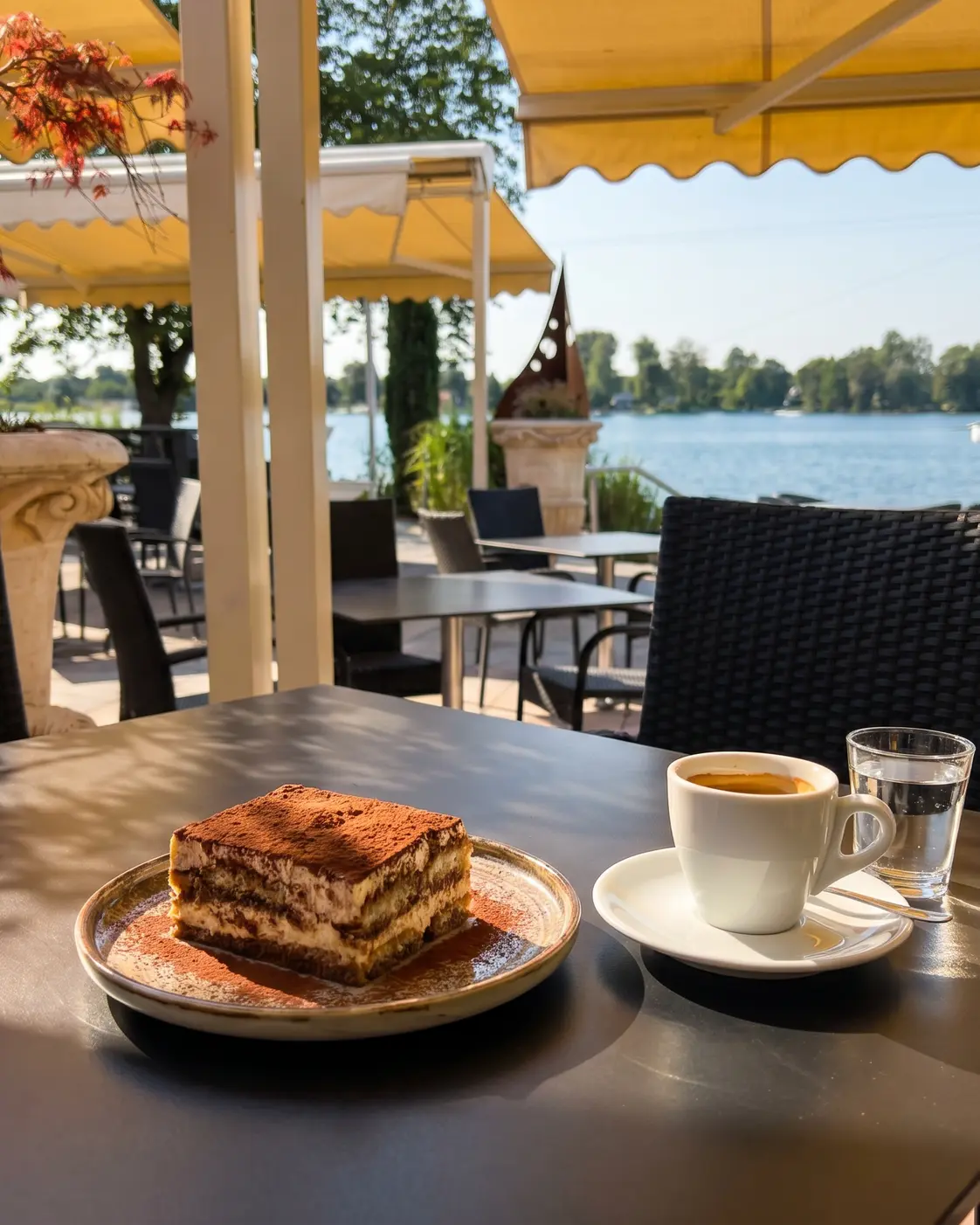 Tiramisu und Espresso auf einem Tisch am See.