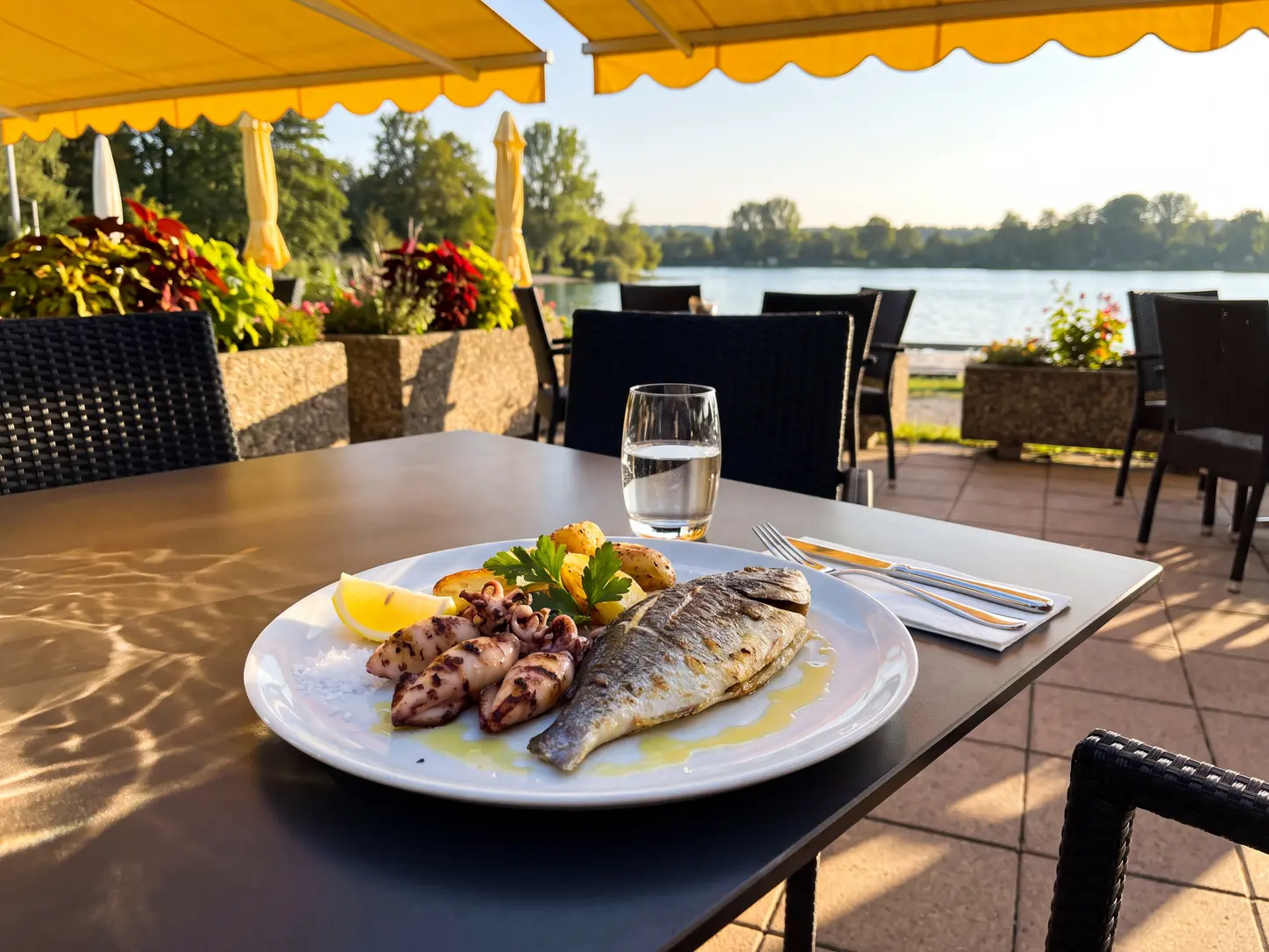 Gegrillter Fisch und Calamari am See.