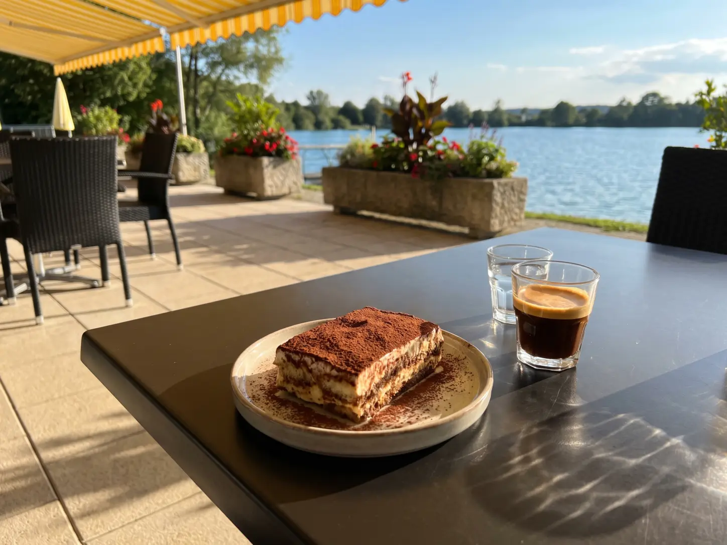 Tiramisu auf einem Restauranttisch.